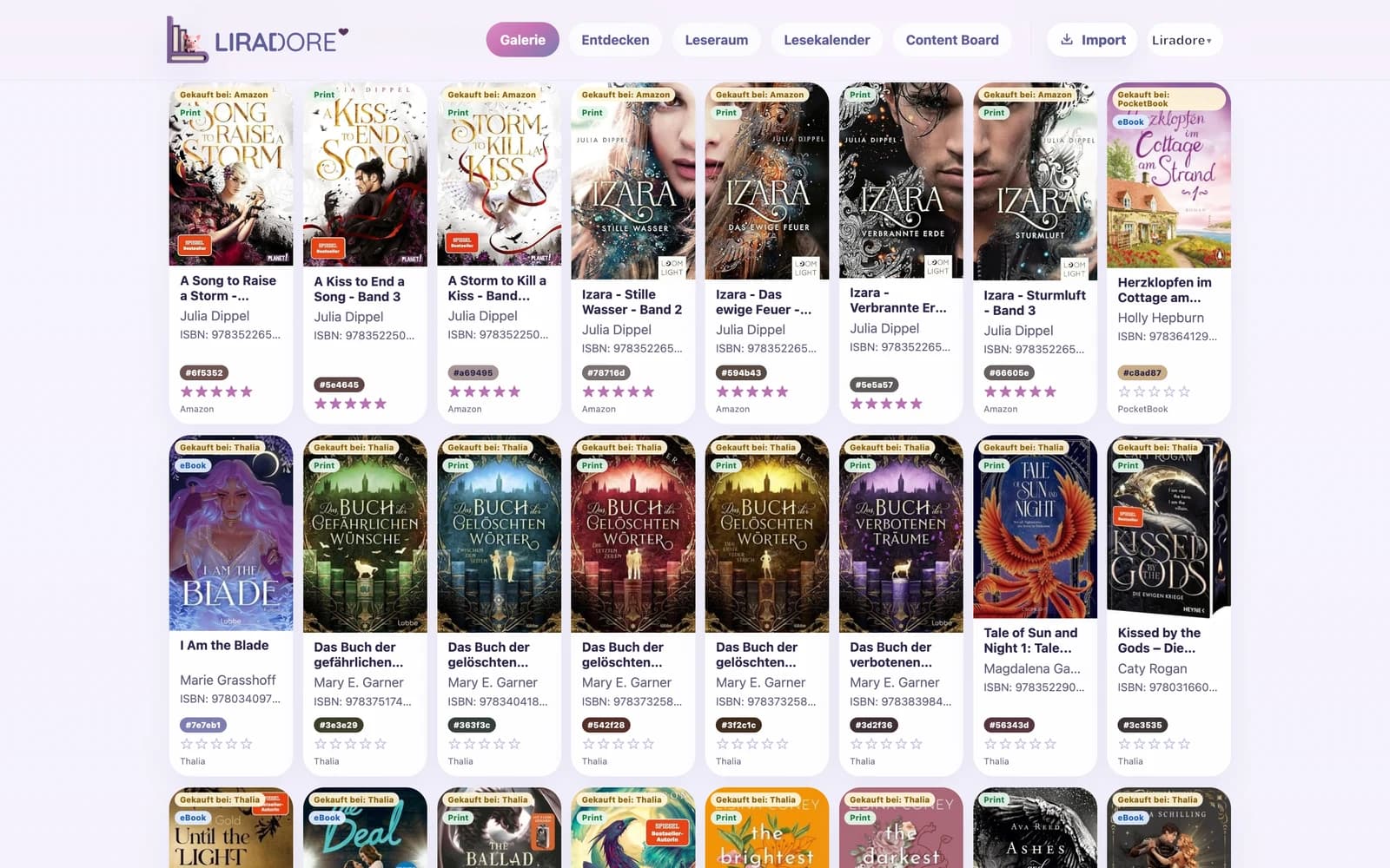 Liradore Covergalerie mit Büchern einer digitalen Sammlung, je mit Shop und Bewertung