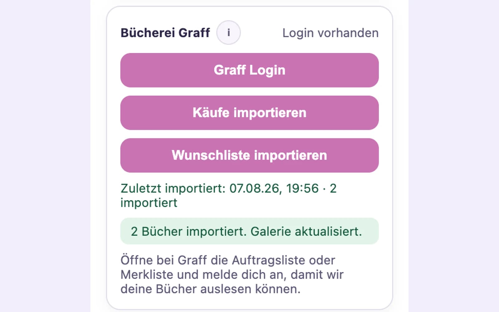Store-Karte des Importers mit der Meldung „2 Bücher importiert. Galerie aktualisiert.“