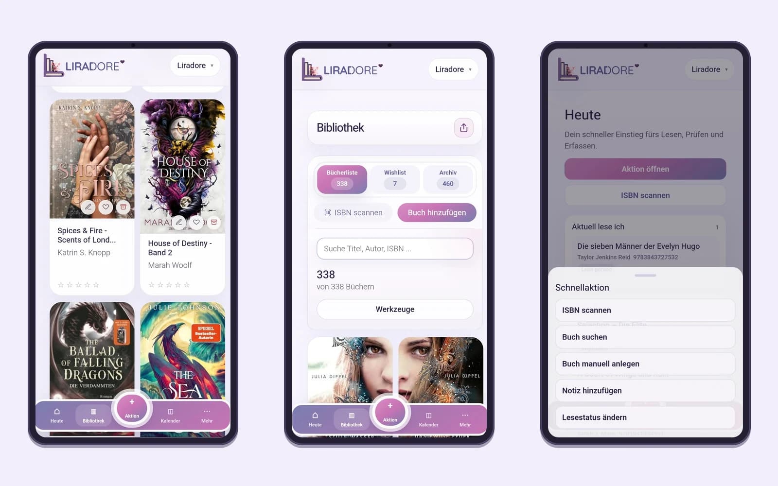 Liradore am Handy: Covergalerie, Bibliothek mit Wunschliste und Archiv sowie die Schnellaktion zum Anlegen