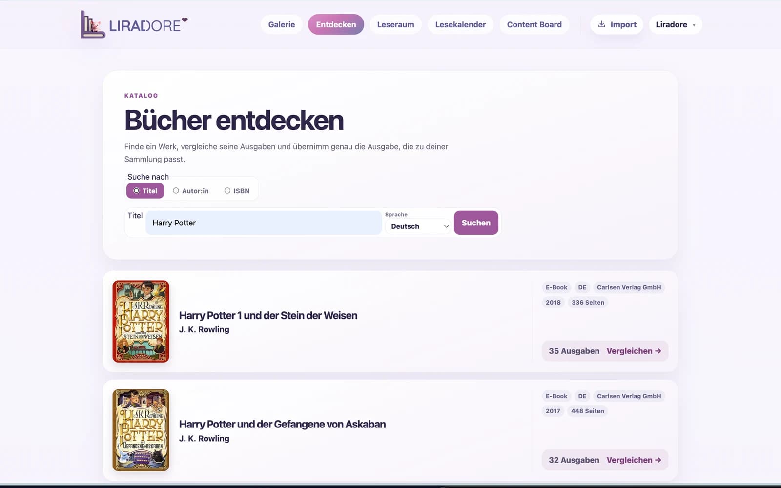 Katalogsuche nach Titel, Autor und ISBN mit Treffern und Ausgabenzahl