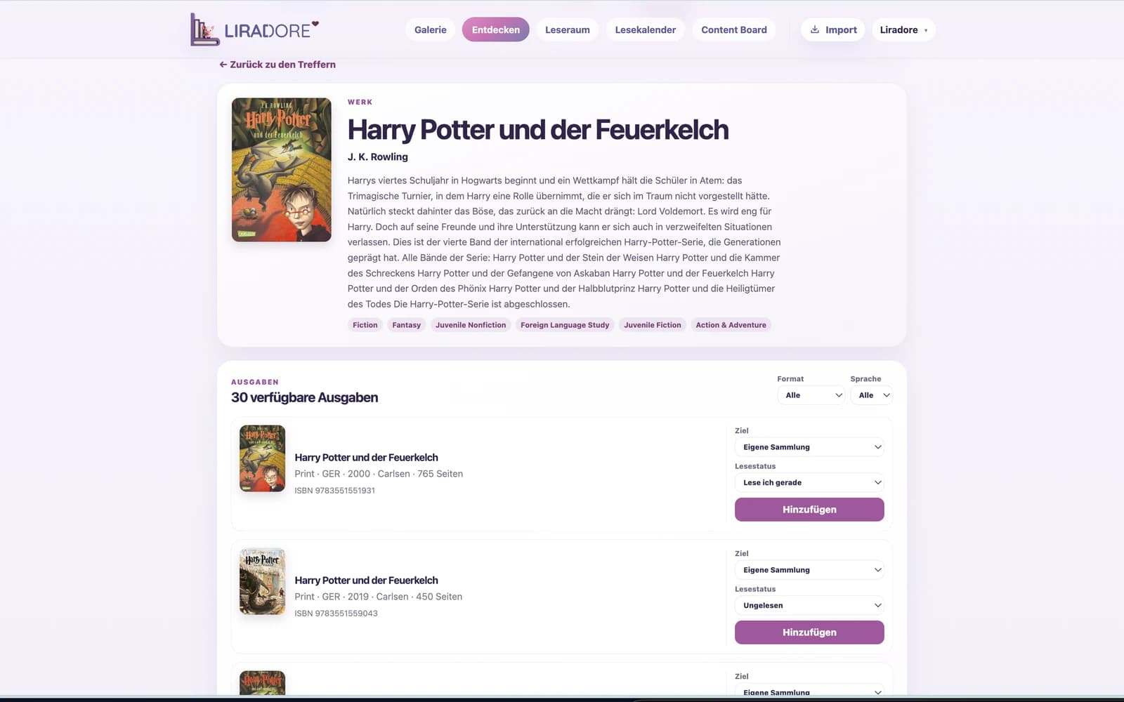 Werkansicht mit Beschreibung und Vergleich der verfügbaren Ausgaben