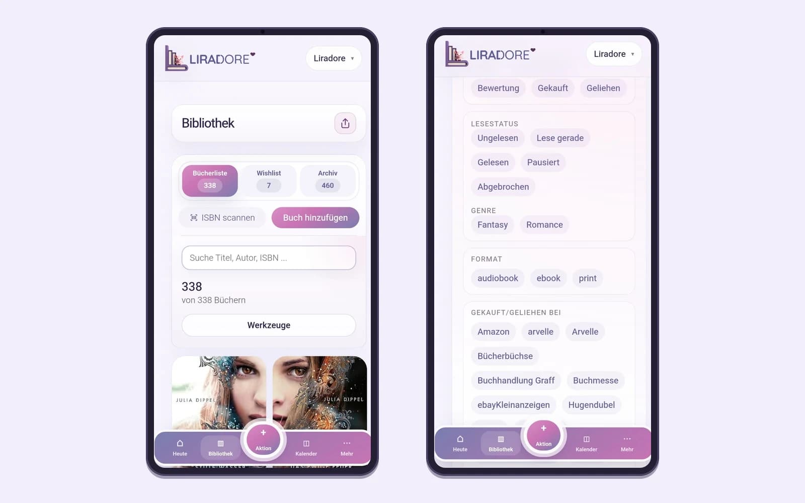 Liradore am Handy: Bibliothek mit Bücherliste, Wishlist und Archiv, daneben die Filter