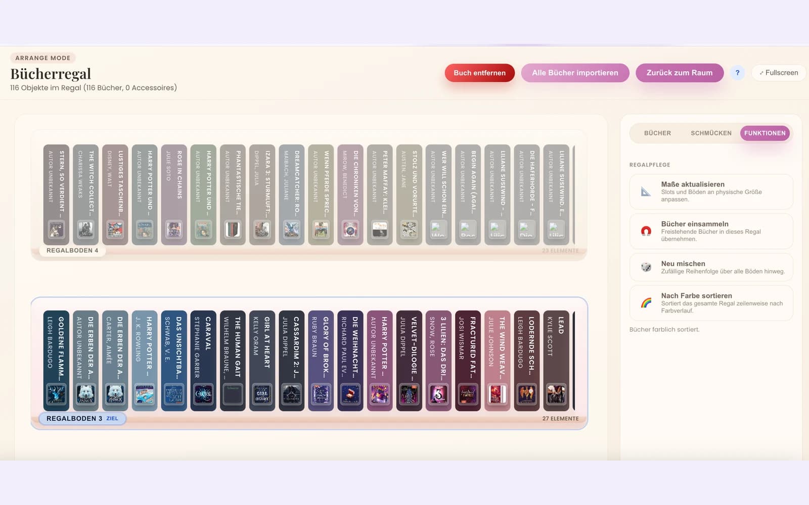 Arrange Mode mit den Regalböden links und den Reitern Bücher, Schmücken und Funktionen